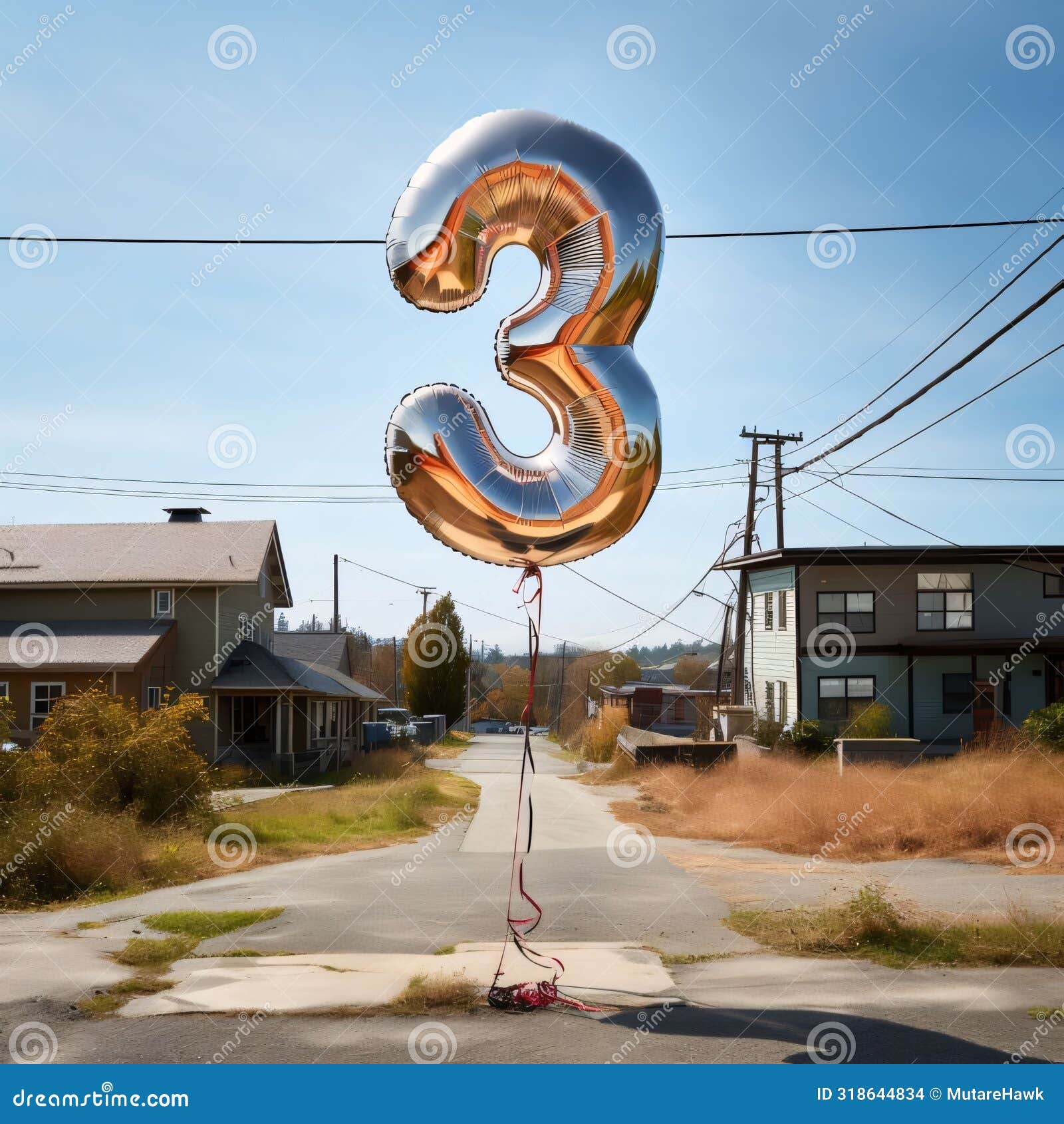 giant silver number 3 balloon floating above an empty street during daytime