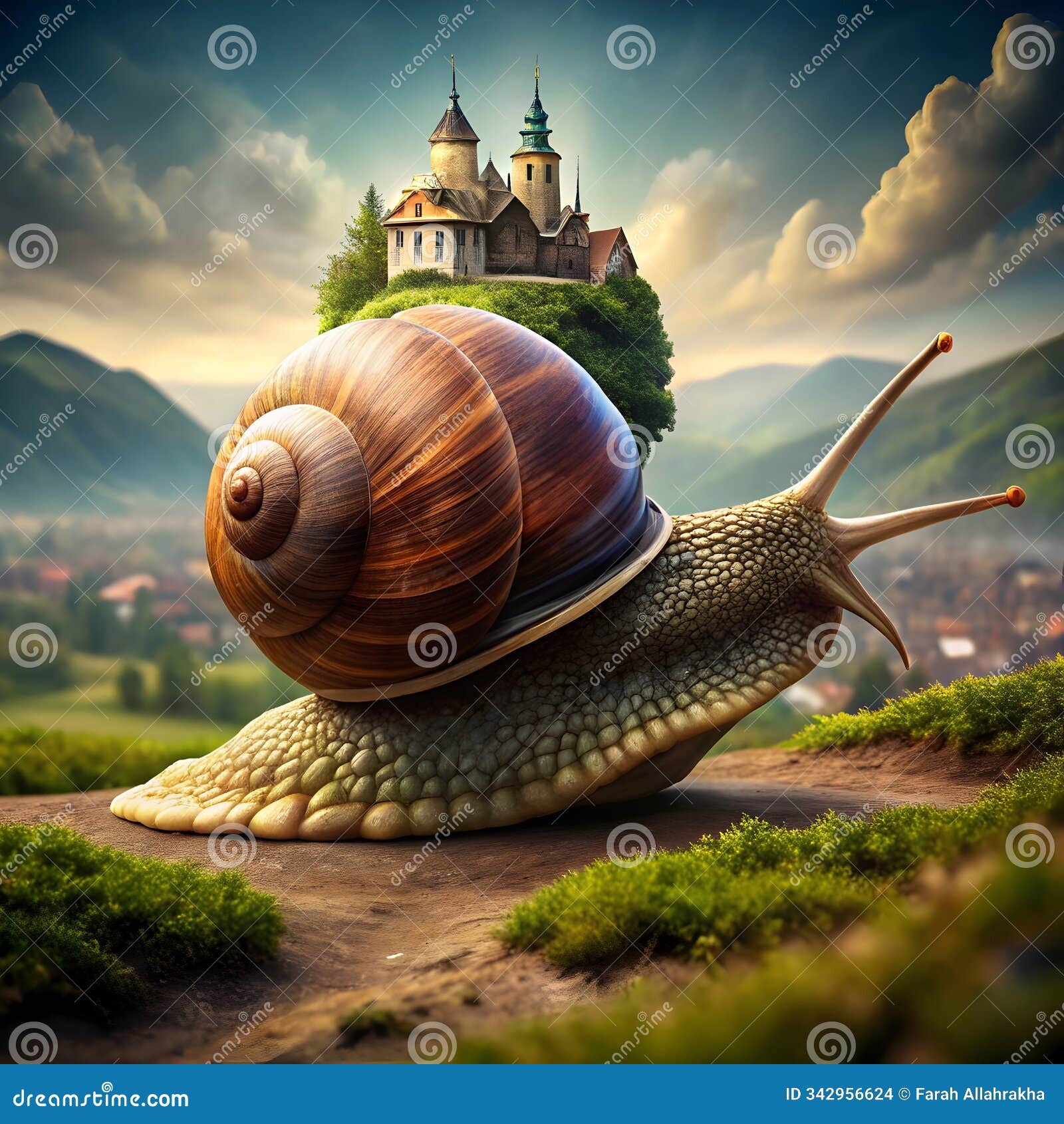 a giant snail carries a tiny village on its shell, creating a whimsical scene of nature and imagination