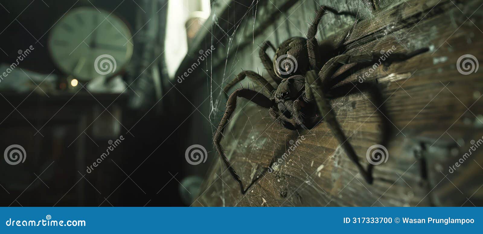 a giant spider is crawling on the wall. it is dark and scary