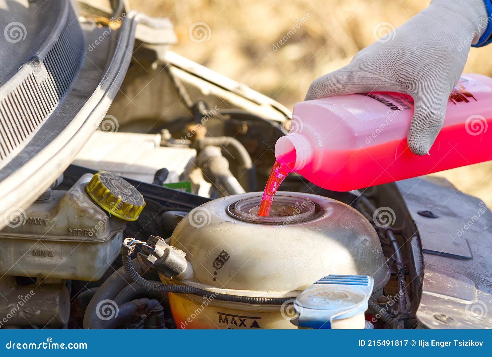 Gießen Von Kühlflüssigkeit Von Autos. Frostschutzmittel. Mechaniker Füllt  Das Kühlmittel G12 in Den Motor Stockbild - Bild von motor, stufe: 215491817