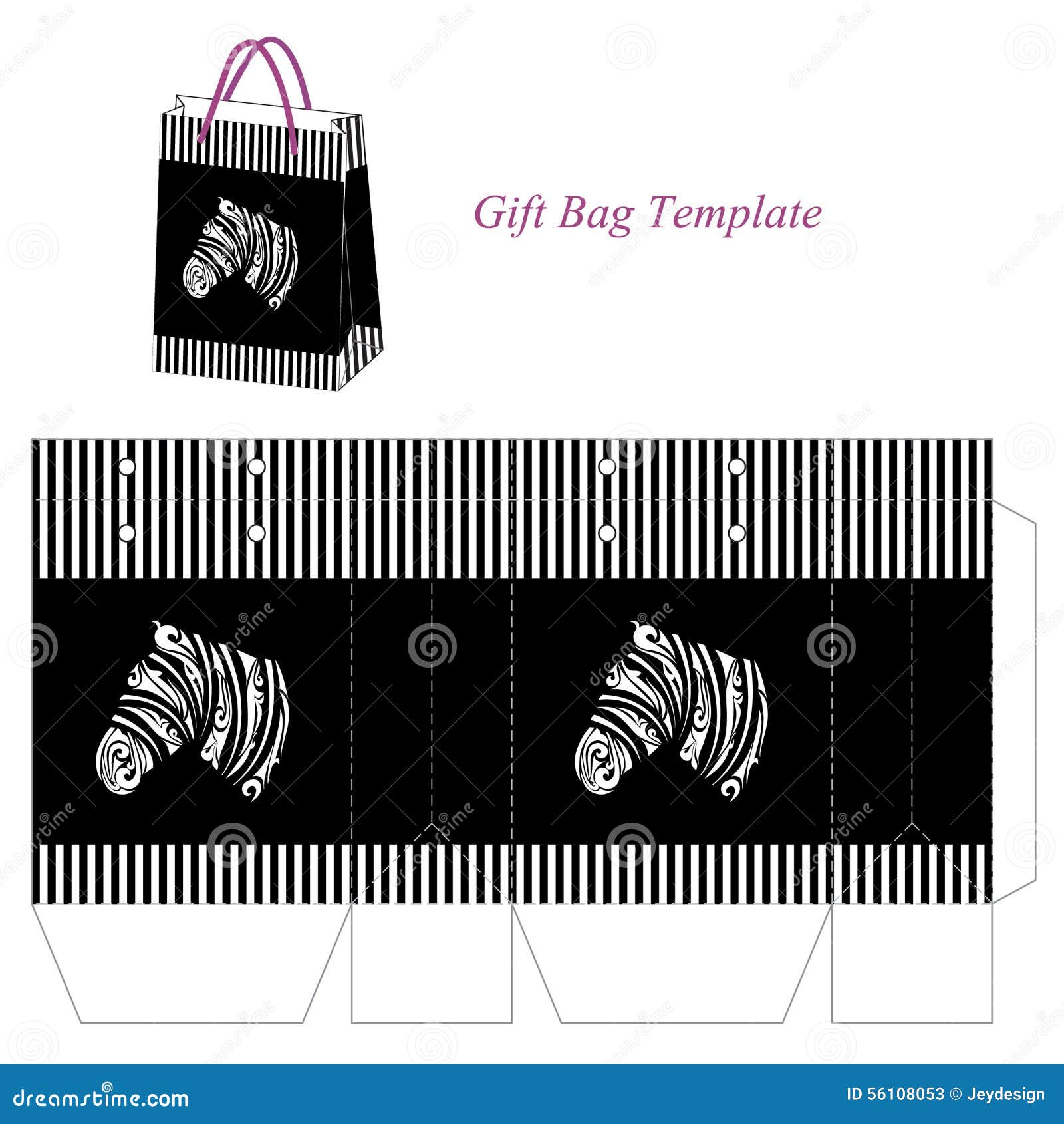 Gift Bag Template with Black and White Stripes and Abstract Zebra Stock