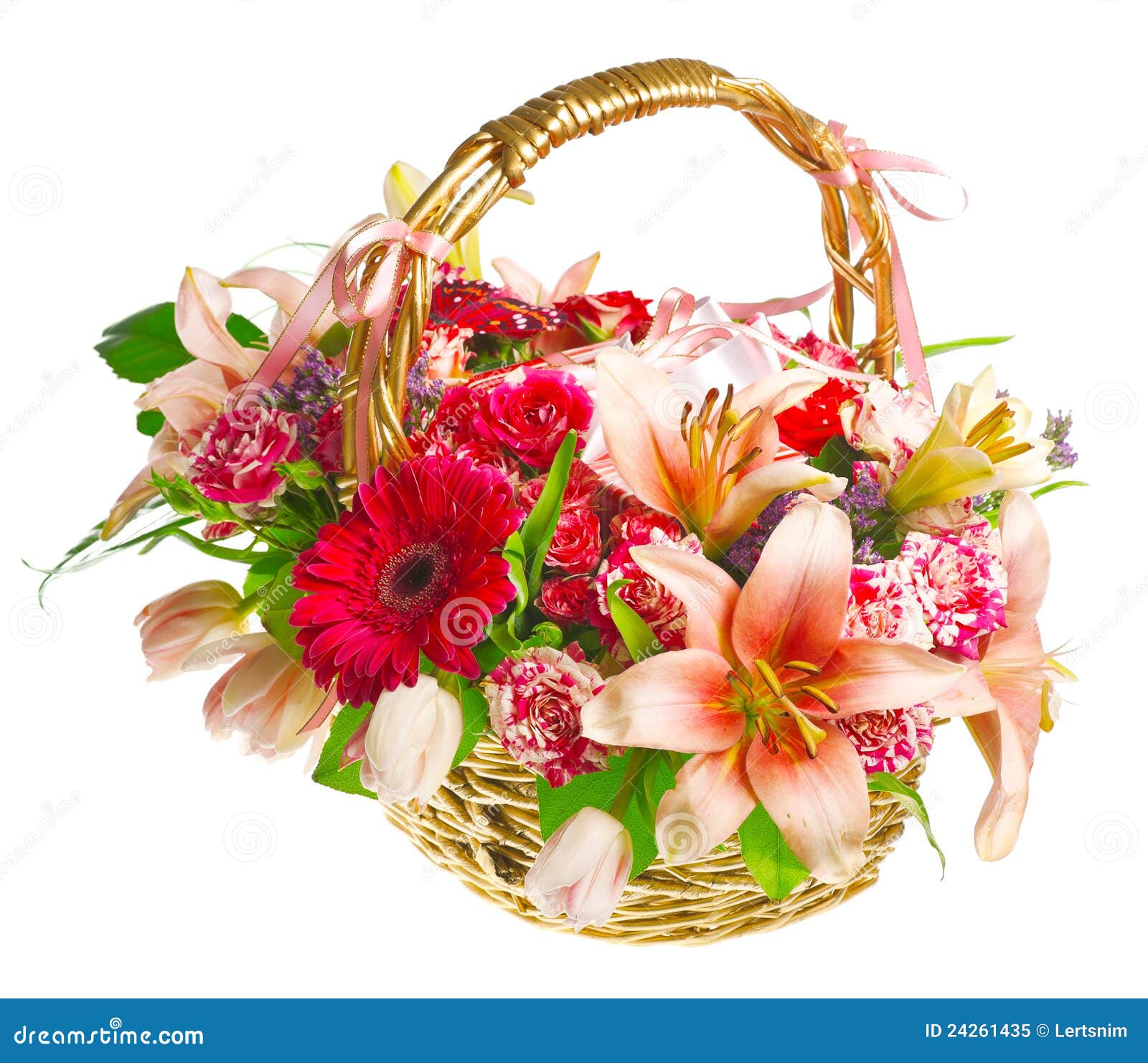 Gift Basket of Lilias, Roses and Gerberas Stock Image Image of