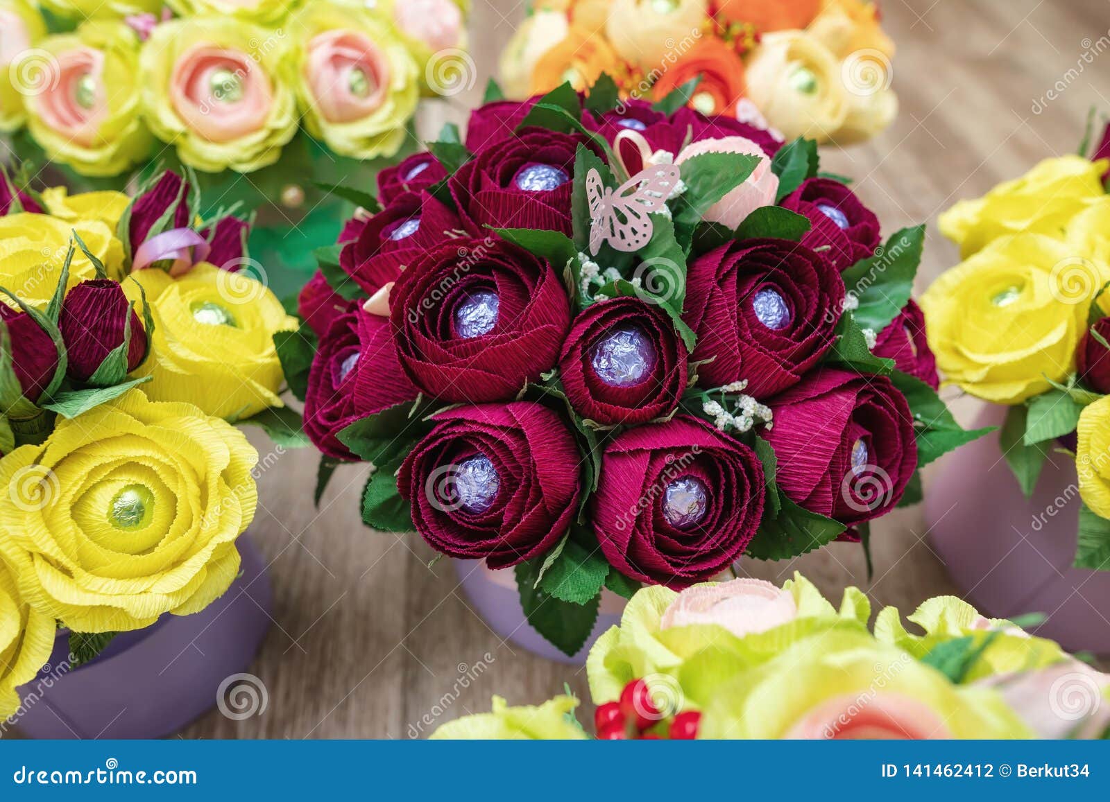 Gift Bouquets Of Paper Flowers With Chocolates Inside Stock Photo Image Of Flowers Present 141462412