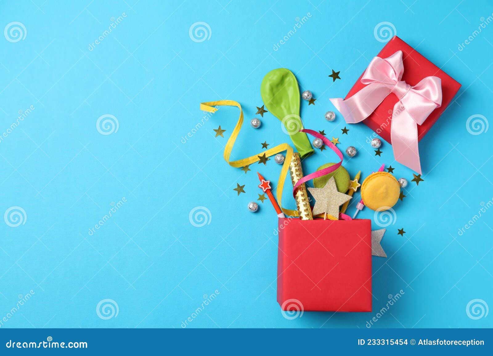 Gift Box with Birthday Accessories on Blue Background Stock Photo Image of baby, cone 233315454