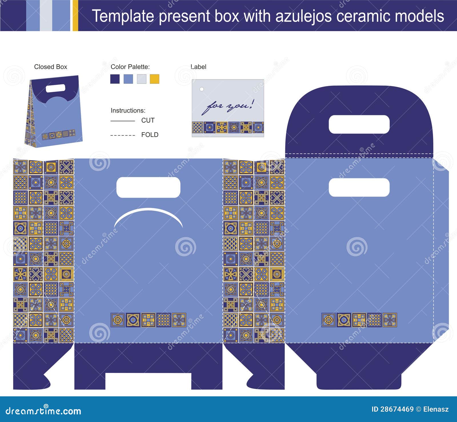 Gift Box with Blue Azulejos Ceramic Models Stock Vector Illustration