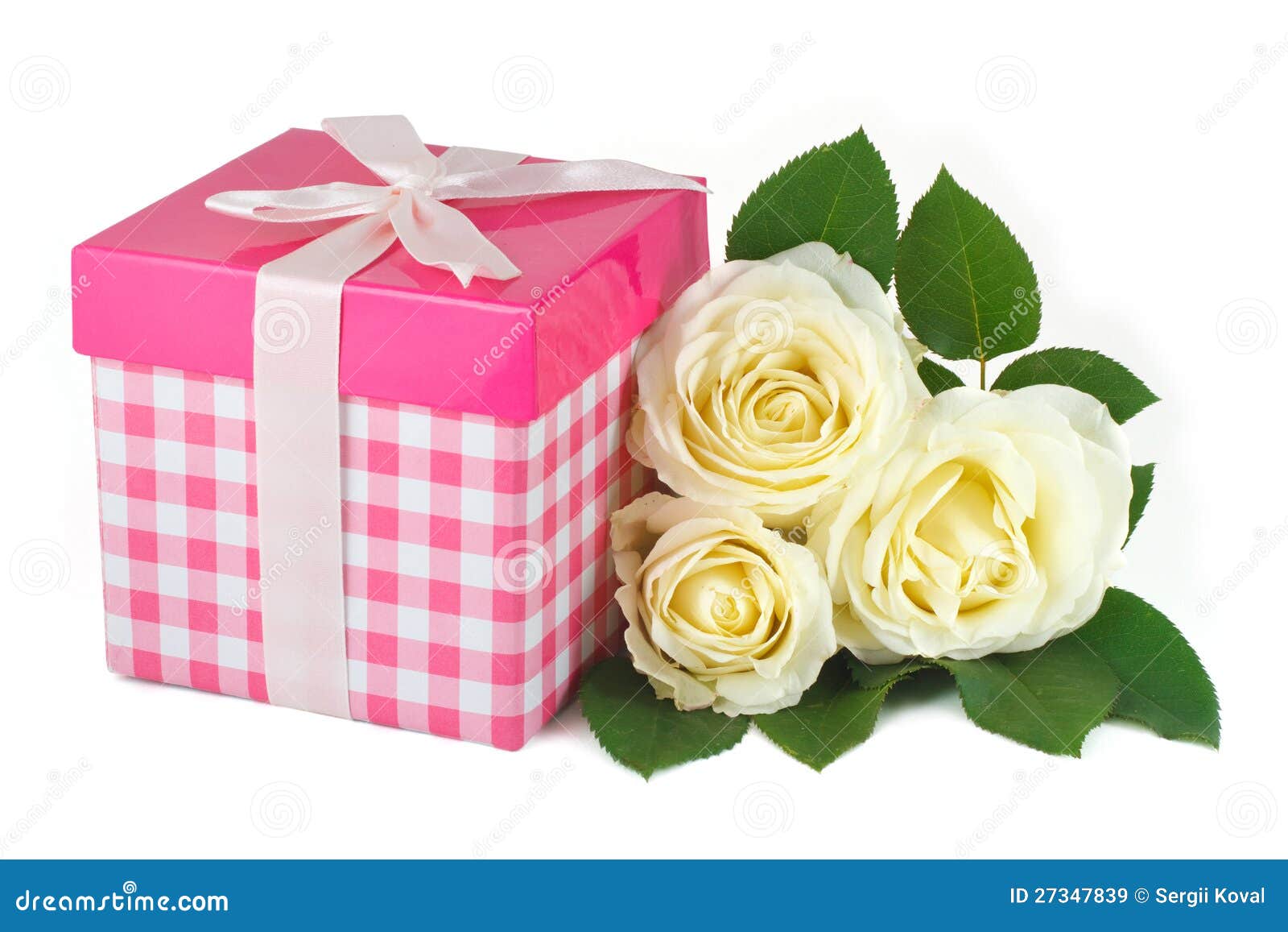 Gift Box With A Bow And A Bouquet Of Delicate Rose Stock