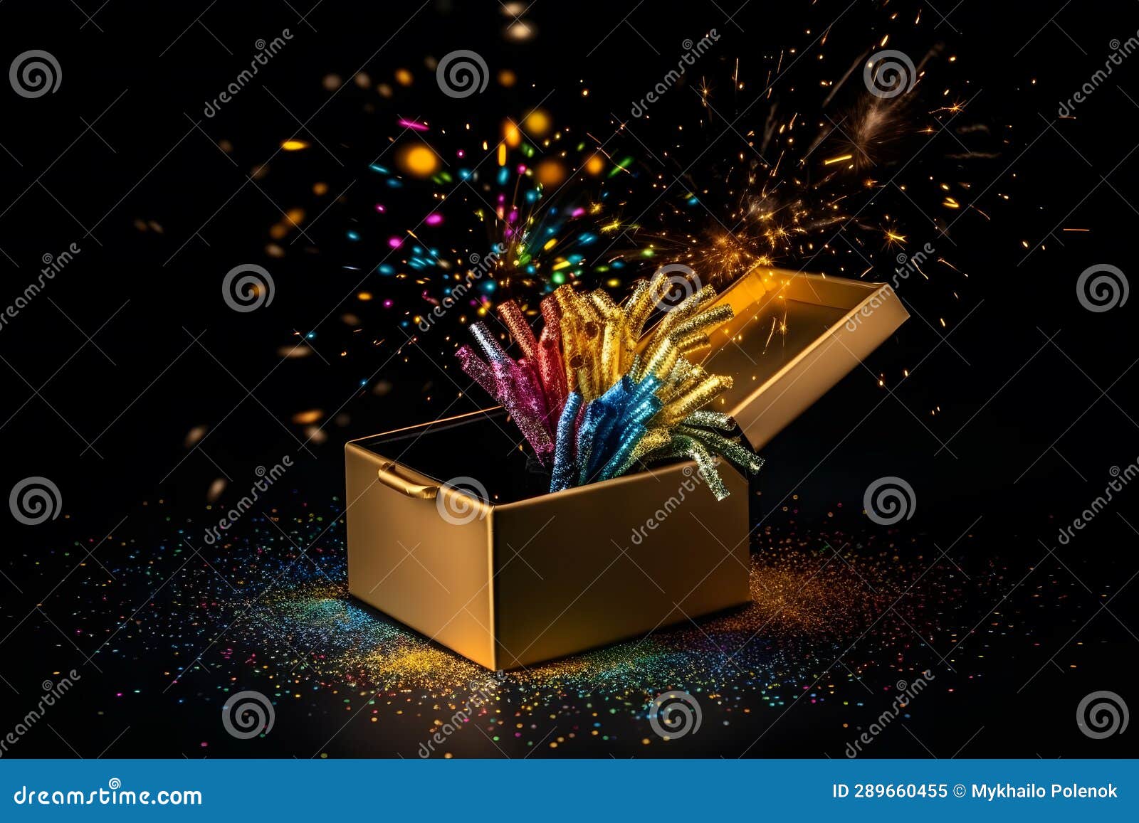 Gift Box on a Dark Magic Background with Light Bokeh. Festive