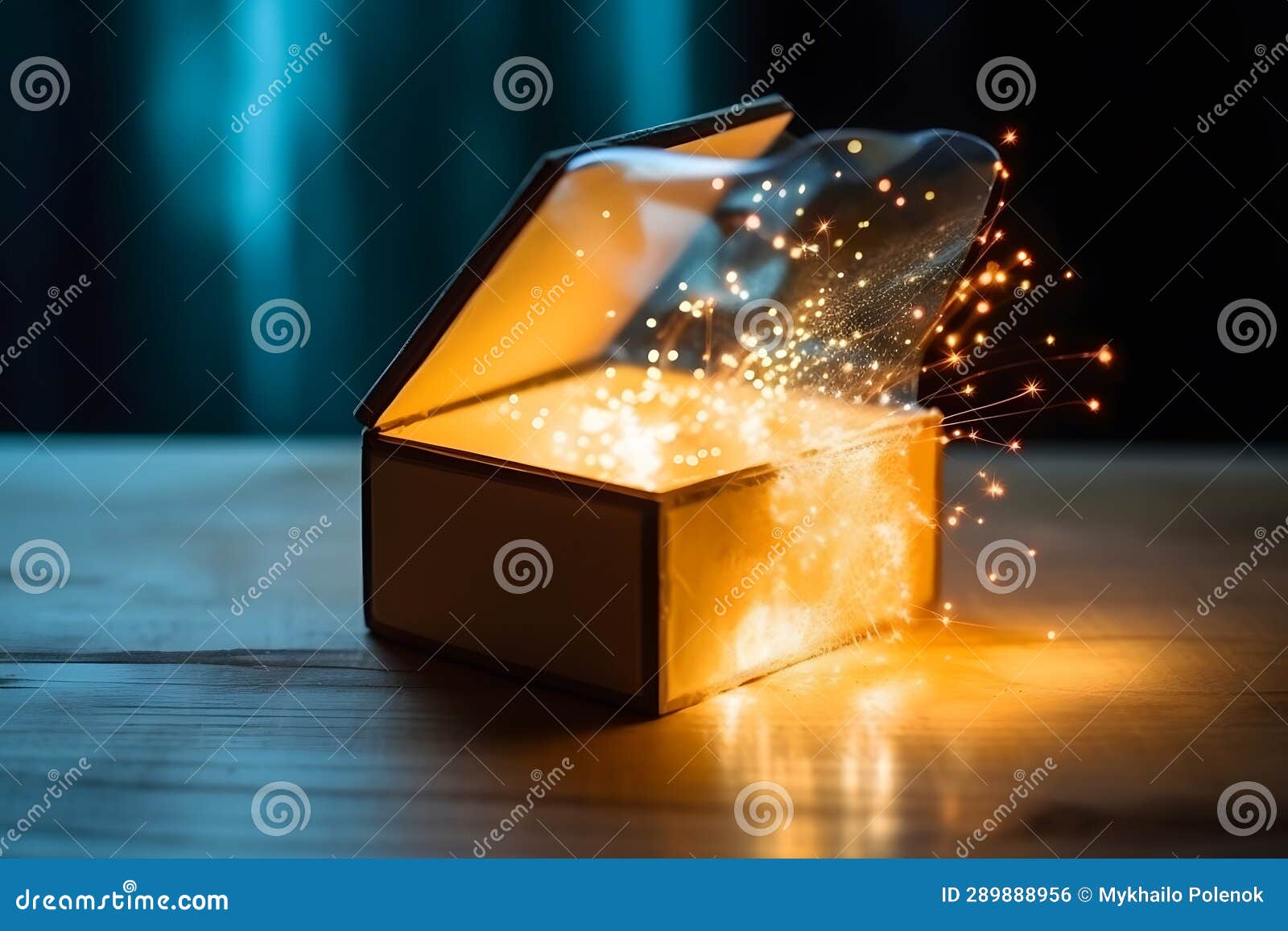 Gift Box on a Dark Magic Background with Light Bokeh. Festive