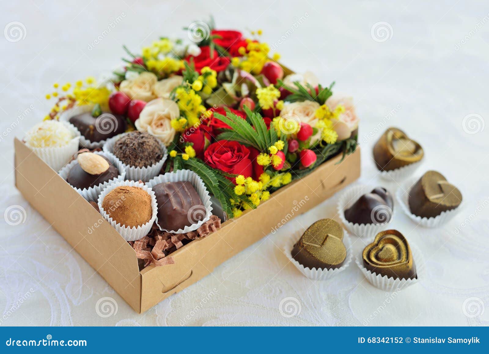 Gift Box with Flowers and Candies Made of Chocolate Stock Photo Image