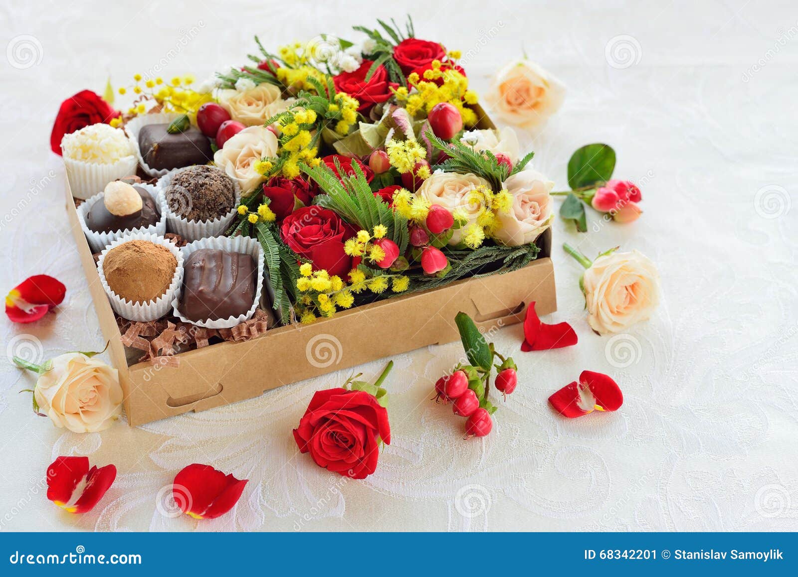Gift Box with Flowers and Candies Made of Chocolate Stock Image Image