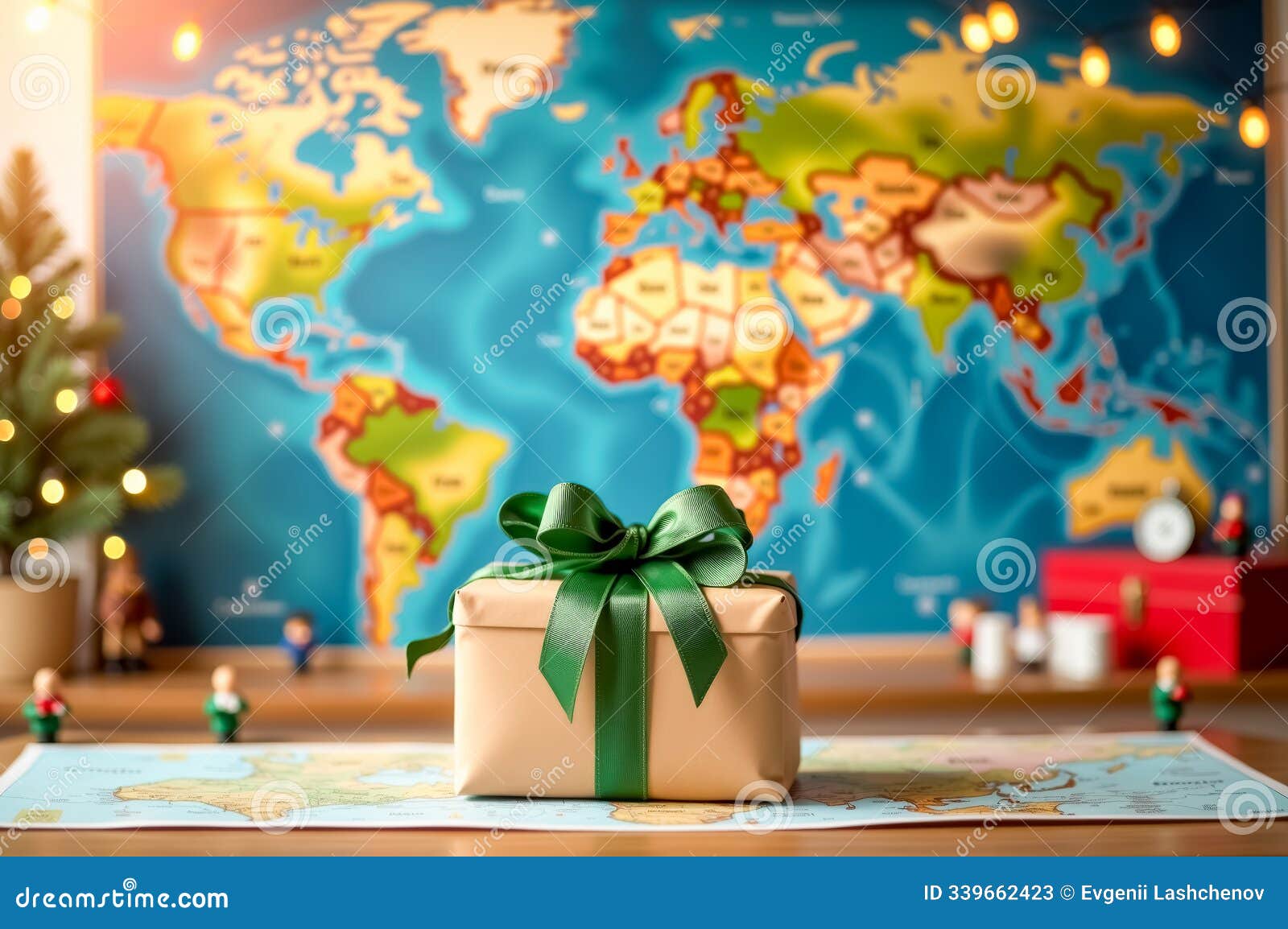 travel-themed gift box with green ribbon on world map background. ai generation