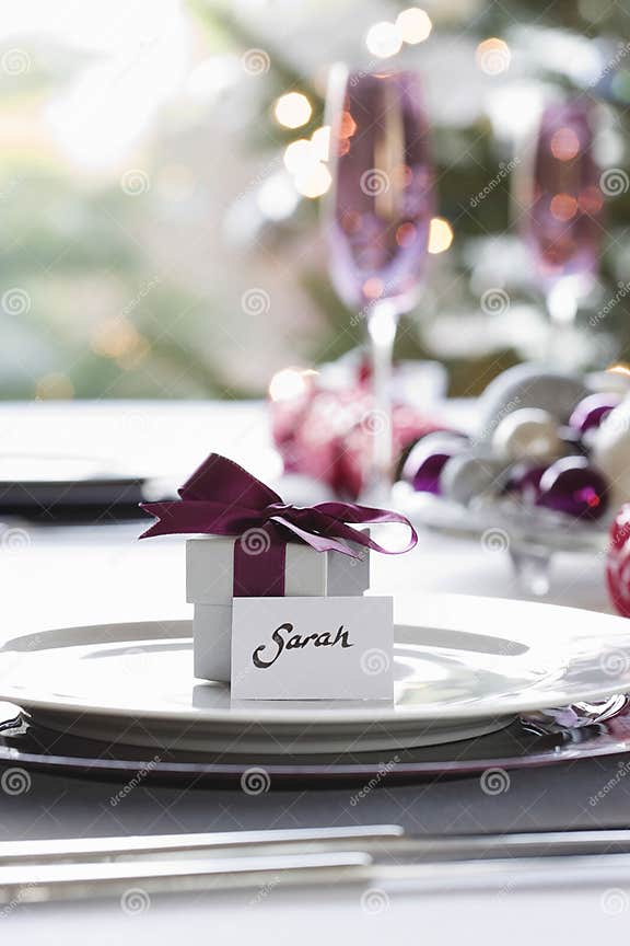 Gift Box with Name Tag on Dining Table Stock Photo Image of still