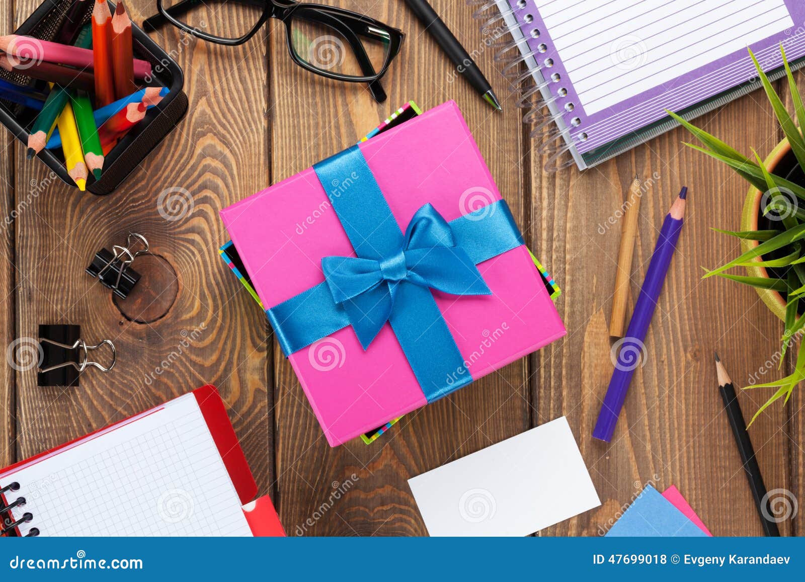 Gift Box and Office Supplies Over Office Table Stock Photo Image of