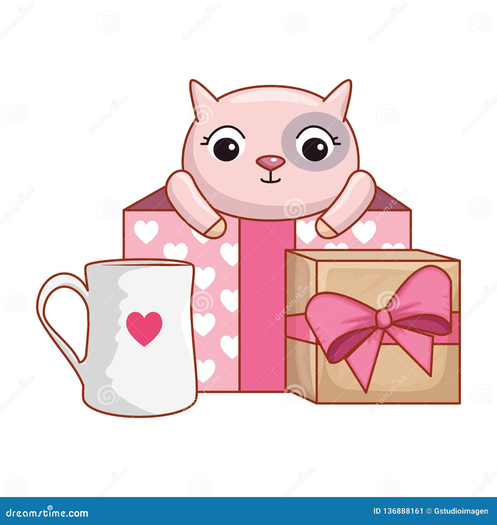Gift Box Present with Cute Cat Stock Vector Illustration of hearts