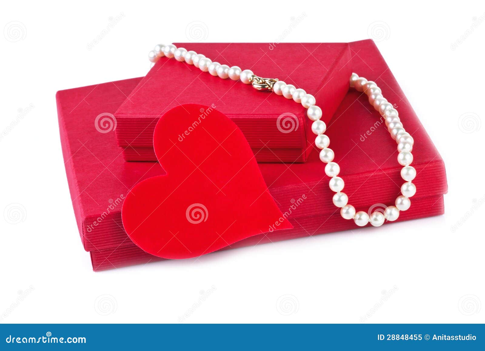 Gift Box with Red Heart and Pearl Necklace on White Stock Image Image of symbol, engagement