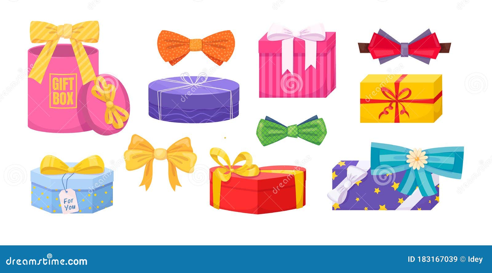 Gift Box with Tie Bow. Present Wrapped Gift Box Differents Shapes with Ribbons, Bows Stock Vector - Illustration of label, cartoon: 183167039 Gift Box with Tie Bow. Present Wrapped Gift Box Differents Shapes with Ribbons, Bows Stock Vector - Illustration of label, cartoon: 183167039