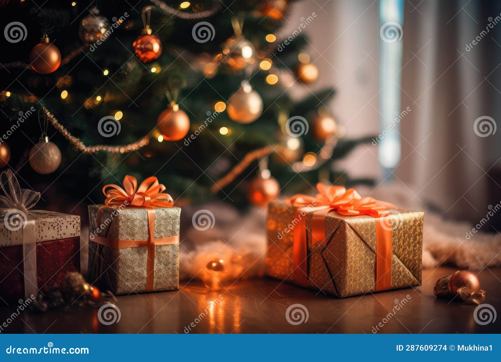 A Gift Box Under the Christmas Tree. Generative AI Technology Stock