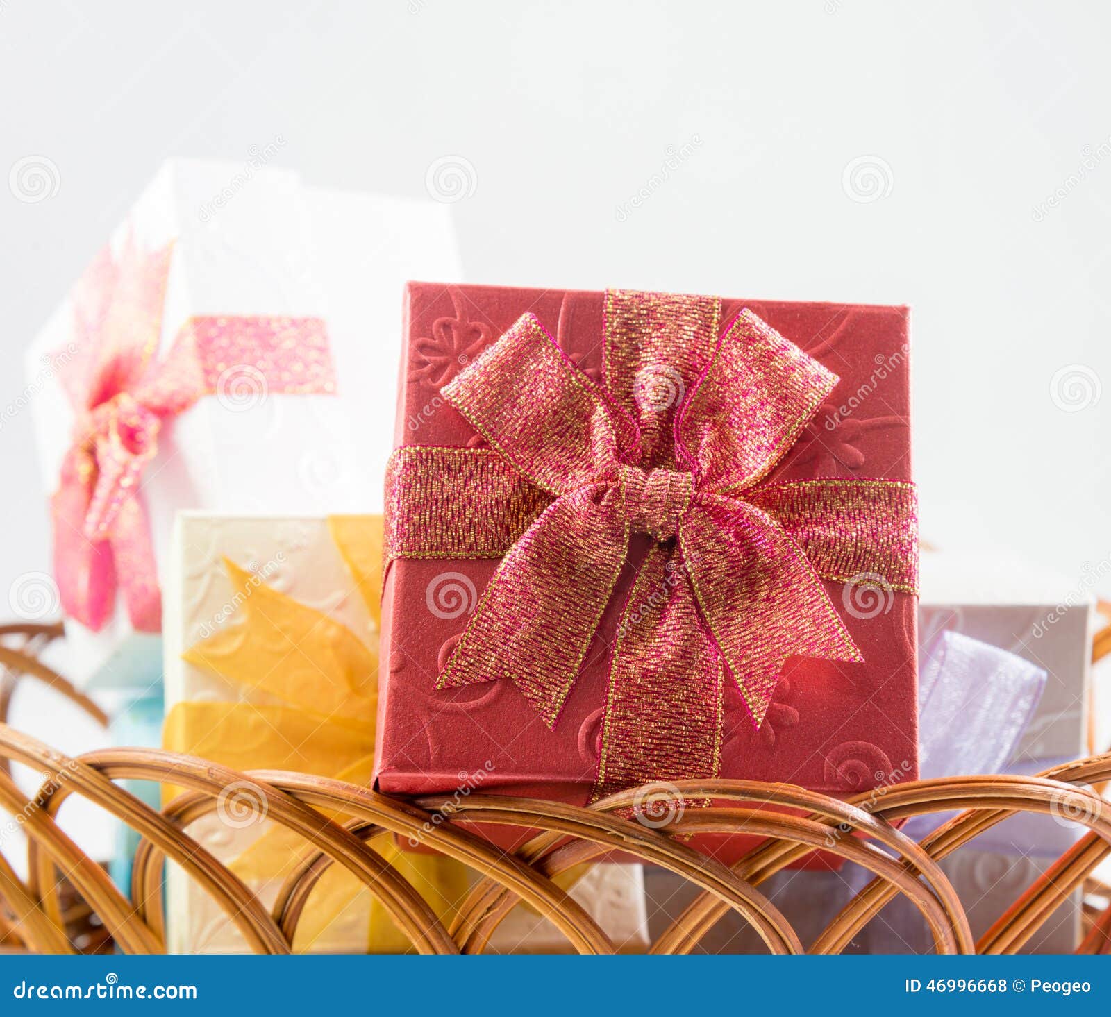 Gift Boxes on Basket Isolated Stock Photo Image of celebration, basket 46996668