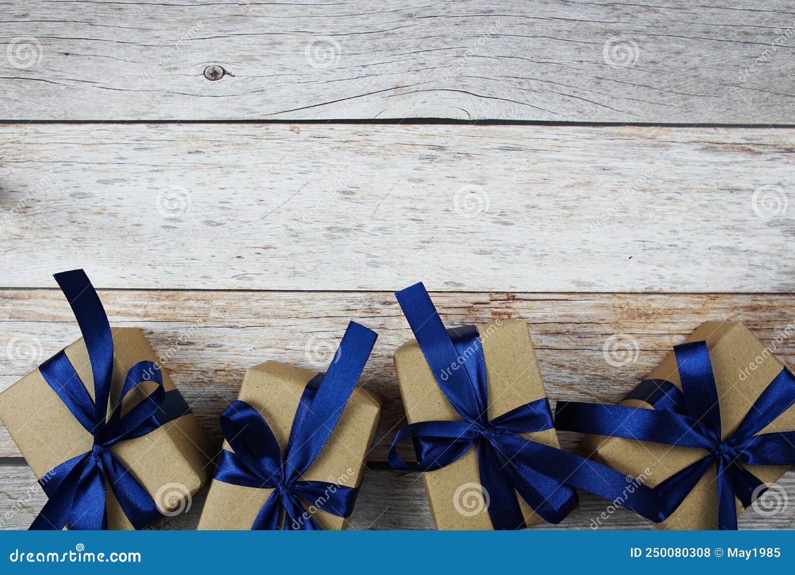 Gift Boxes with Blue Ribbon on Wooden Background Stock Photo Image of