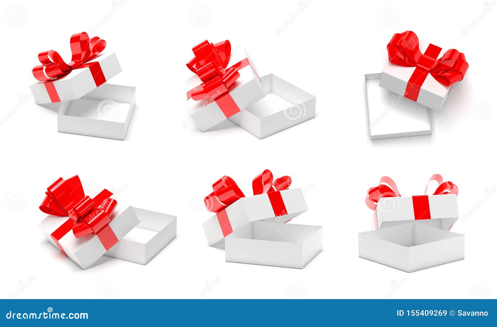 Gift Boxes Decorated with Ribbon. Open Empty Containers with Red Bow