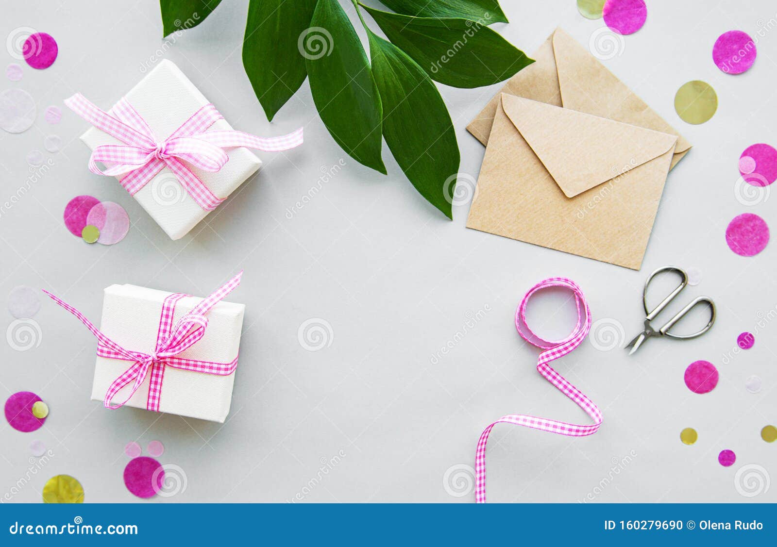 Gift Boxes, Envelope and with Green Leaves Stock Photo Image of green
