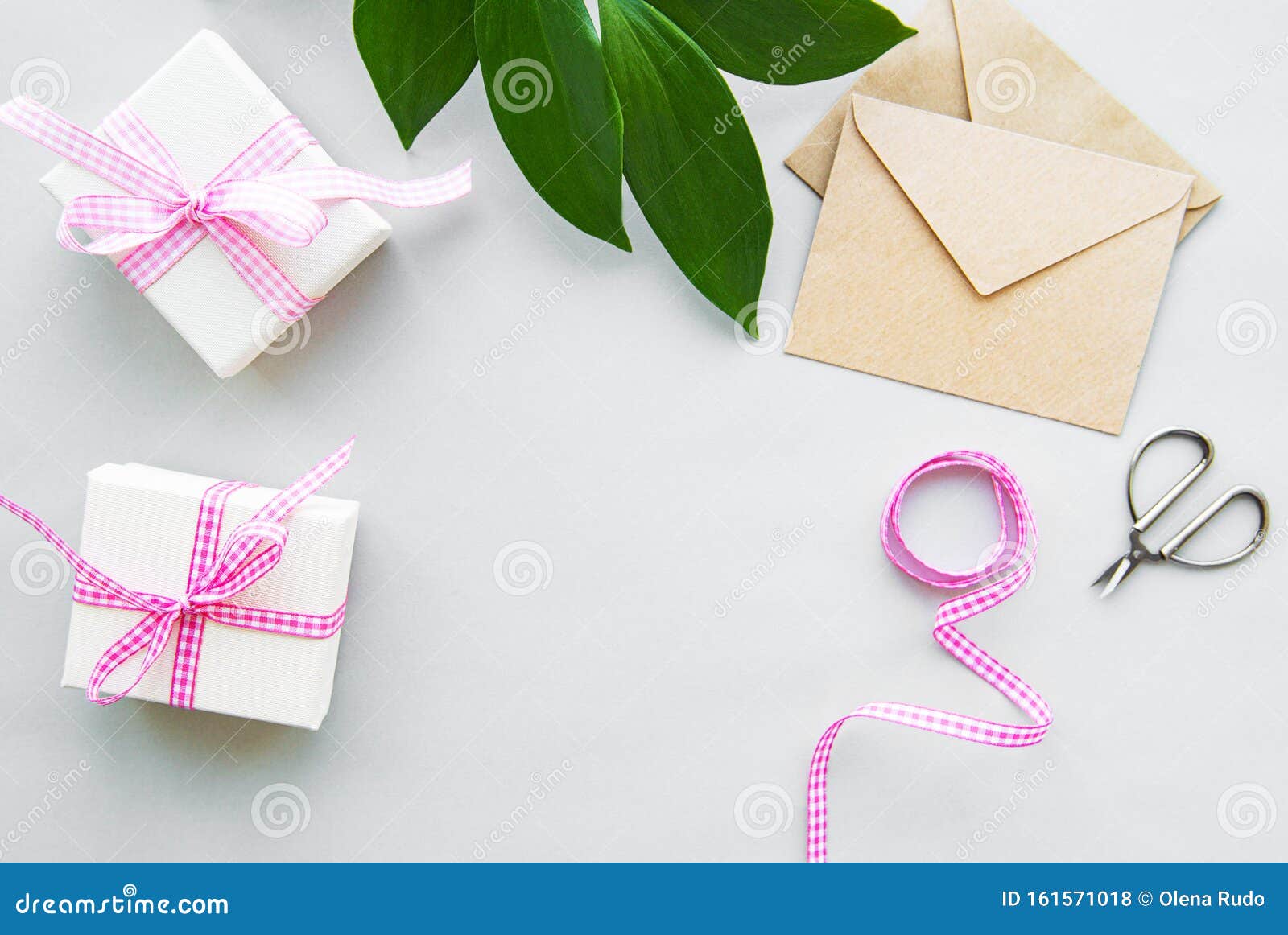Gift Boxes, Envelope and with Green Leaves Stock Photo Image of boxes