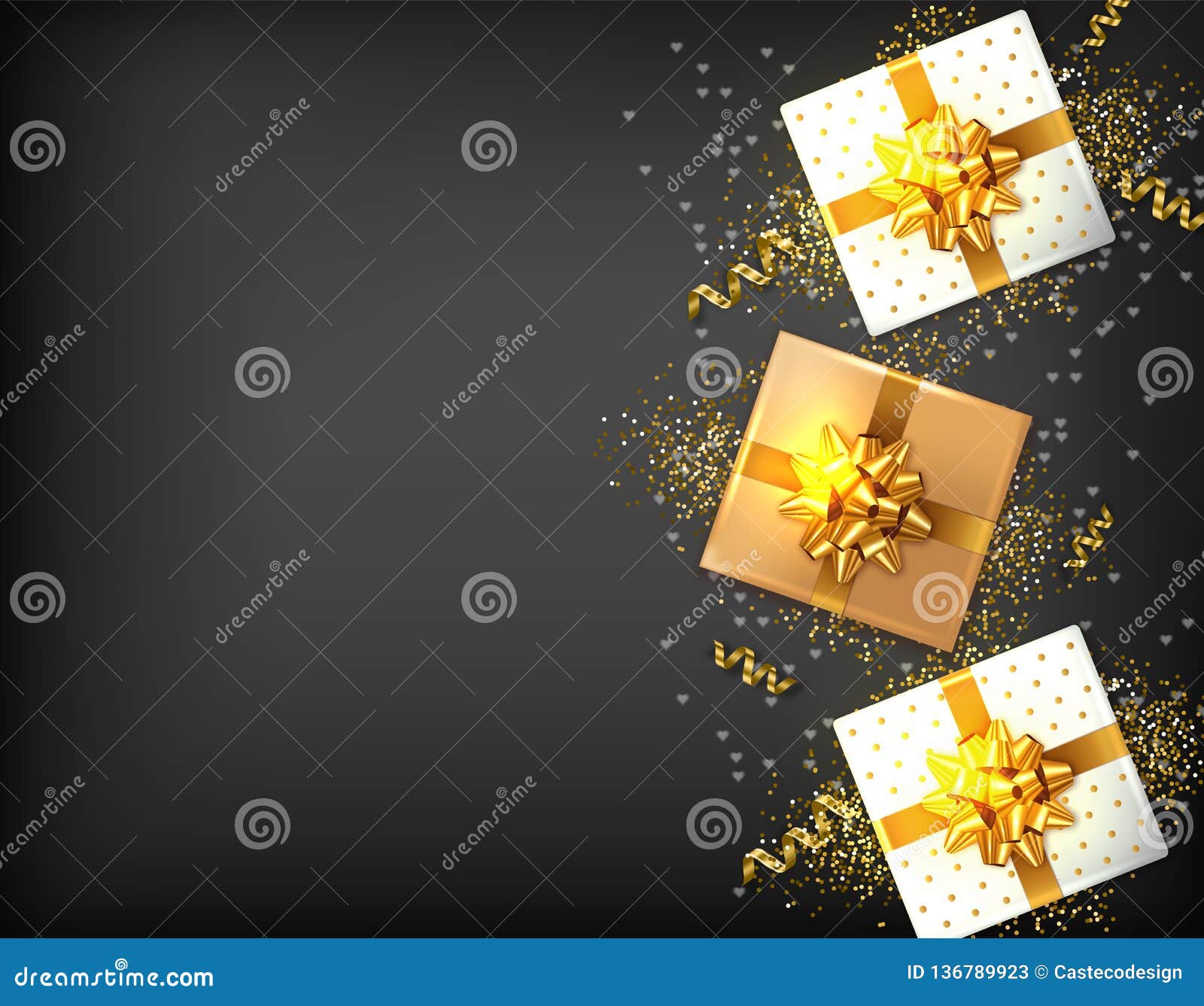 gift boxes with golden bow  realistic. dark background confeti sparkle. product placement mock up. 