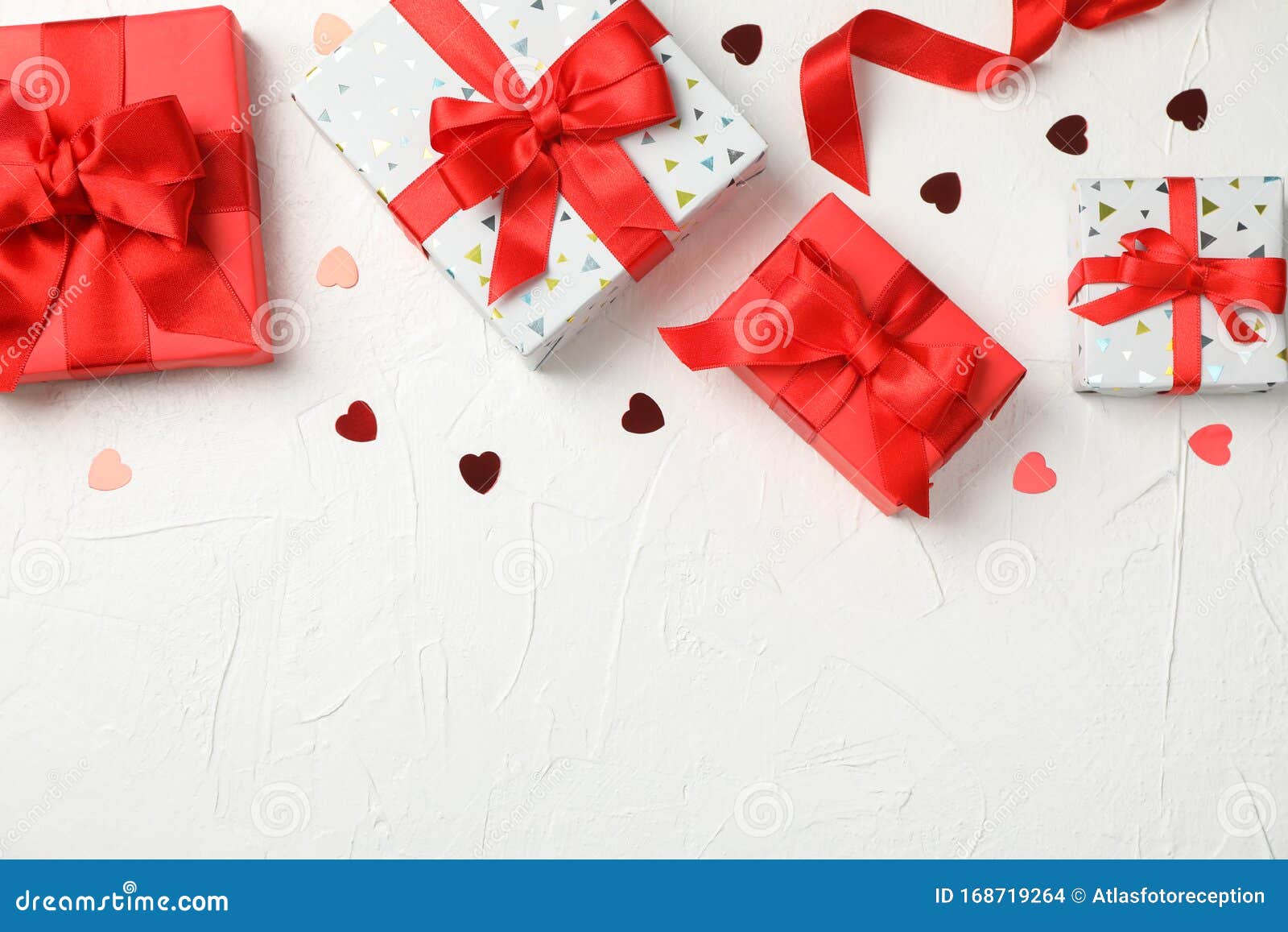 Gift Boxes and Hearts on Background, Space for Text Stock Photo - Image ...