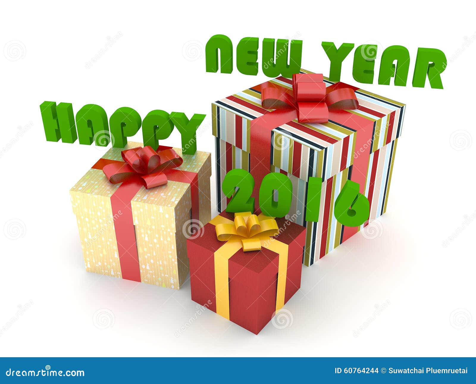 Gift boxes with 2016 Merry Christmas and Happy New Year Isolated on white 3d render