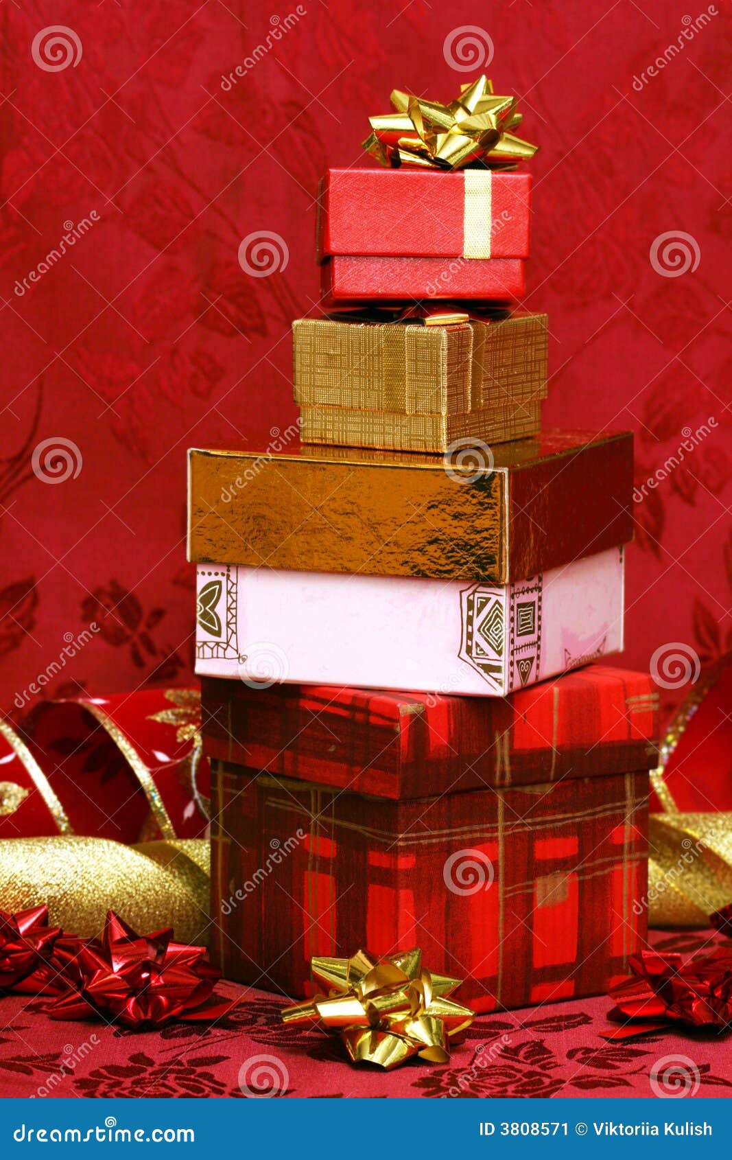 Gift Boxes on Red Background Stock Image Image of gold, gift 3808571