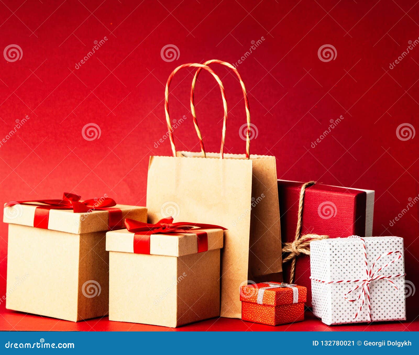 Gift Boxes on Red Background Stock Image - Image of wrap, present ...