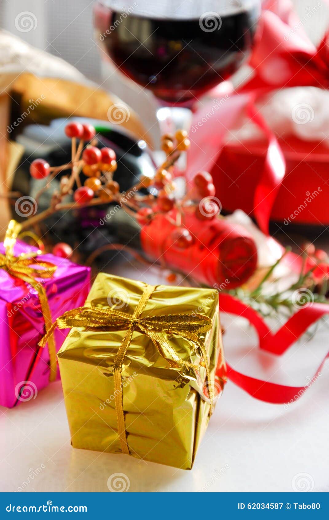 Gift boxes with red wine stock image. Image of present 62034587