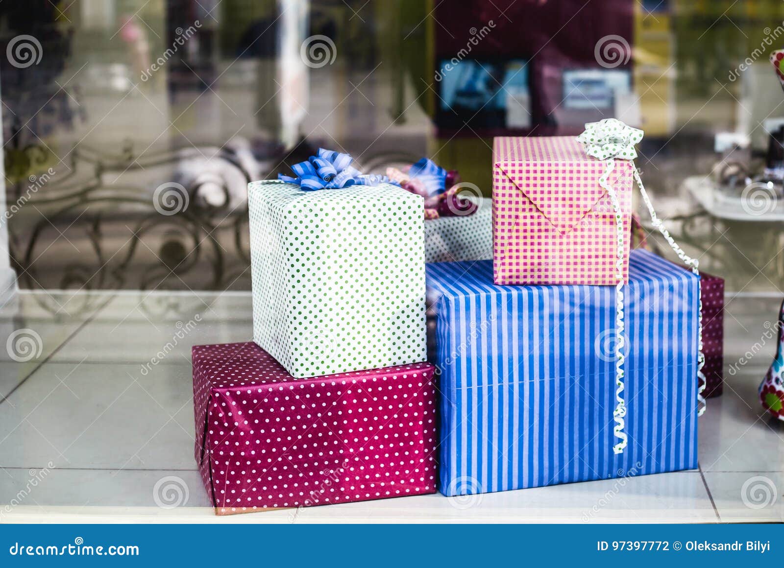 Gift boxes in shop window stock photo. Image of christmas 97397772