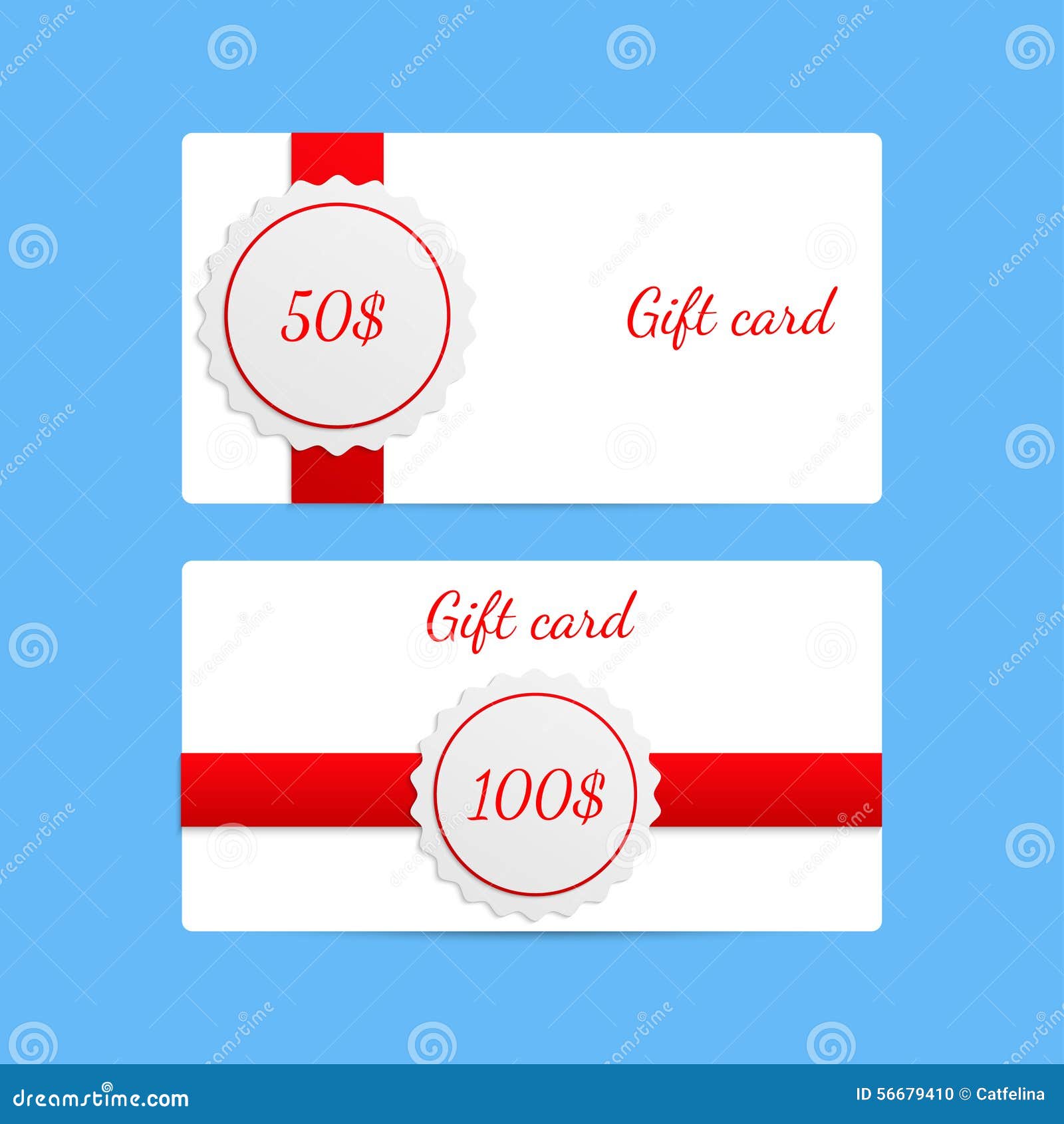 Gift Card Templates with Amount of Discount with Red Ribbons. Stock