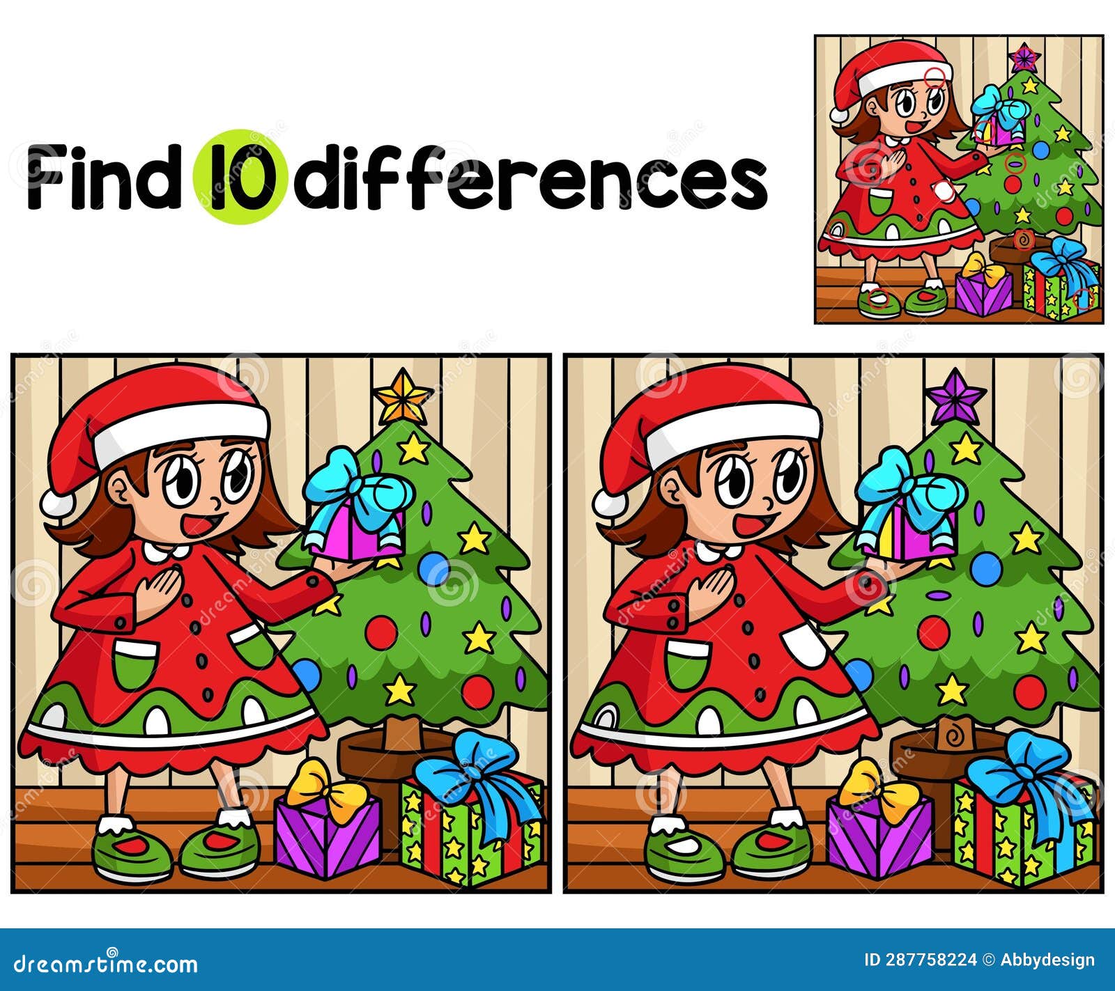 Gift and Christmas Tree Find the Differences Stock Vector