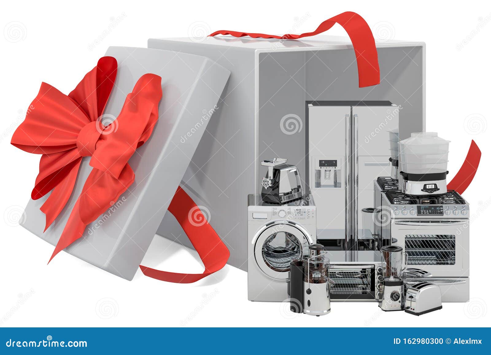 Gift Concept, Home Appliances Inside Gift Box. 3D Rendering Stock