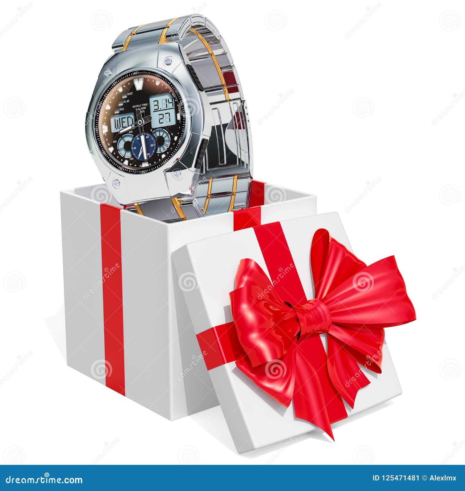 Gift Concept, Men`s Analog Digital Wrist Watch Inside Gift Box. Stock