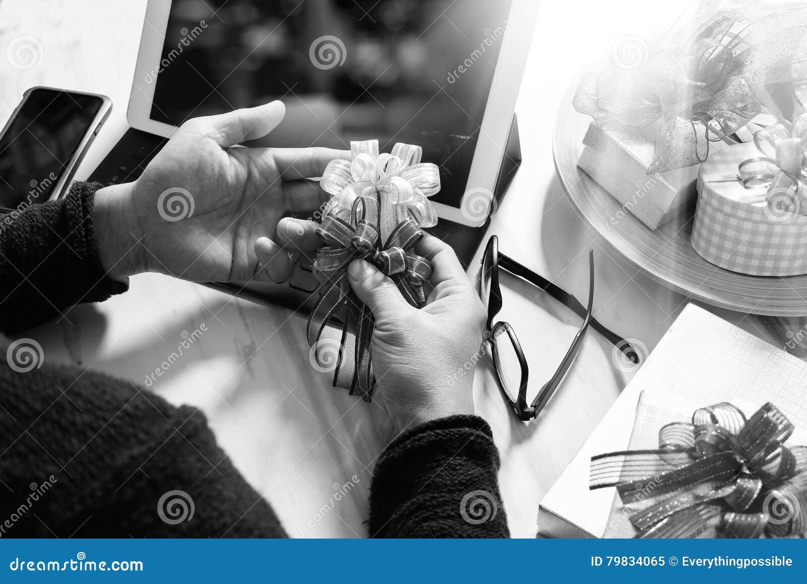 Gift Giving Creative Hand Typing and Hand with Gift. Gift Delivery