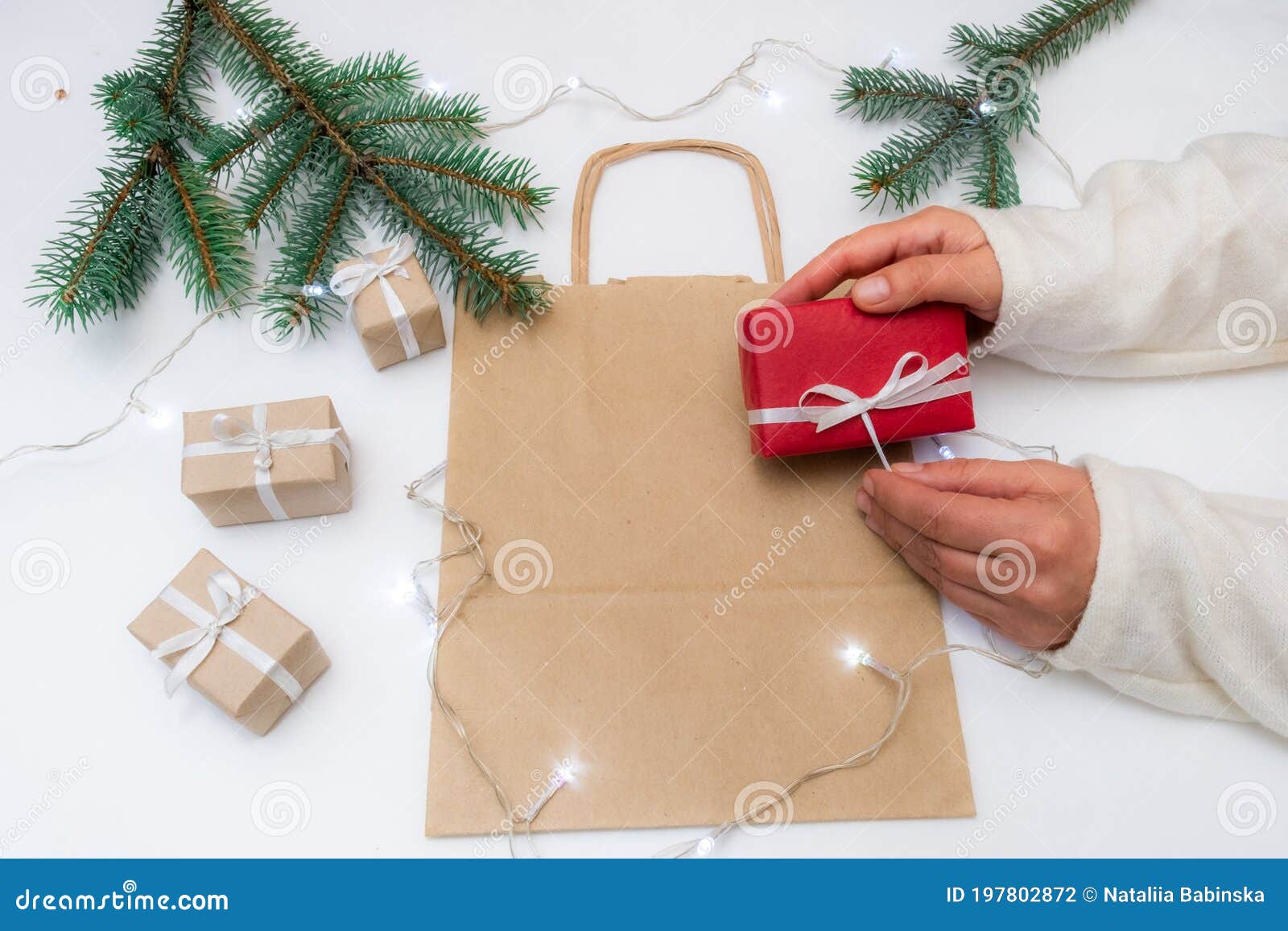 gift hand package white background red bag delivery christmas tree
