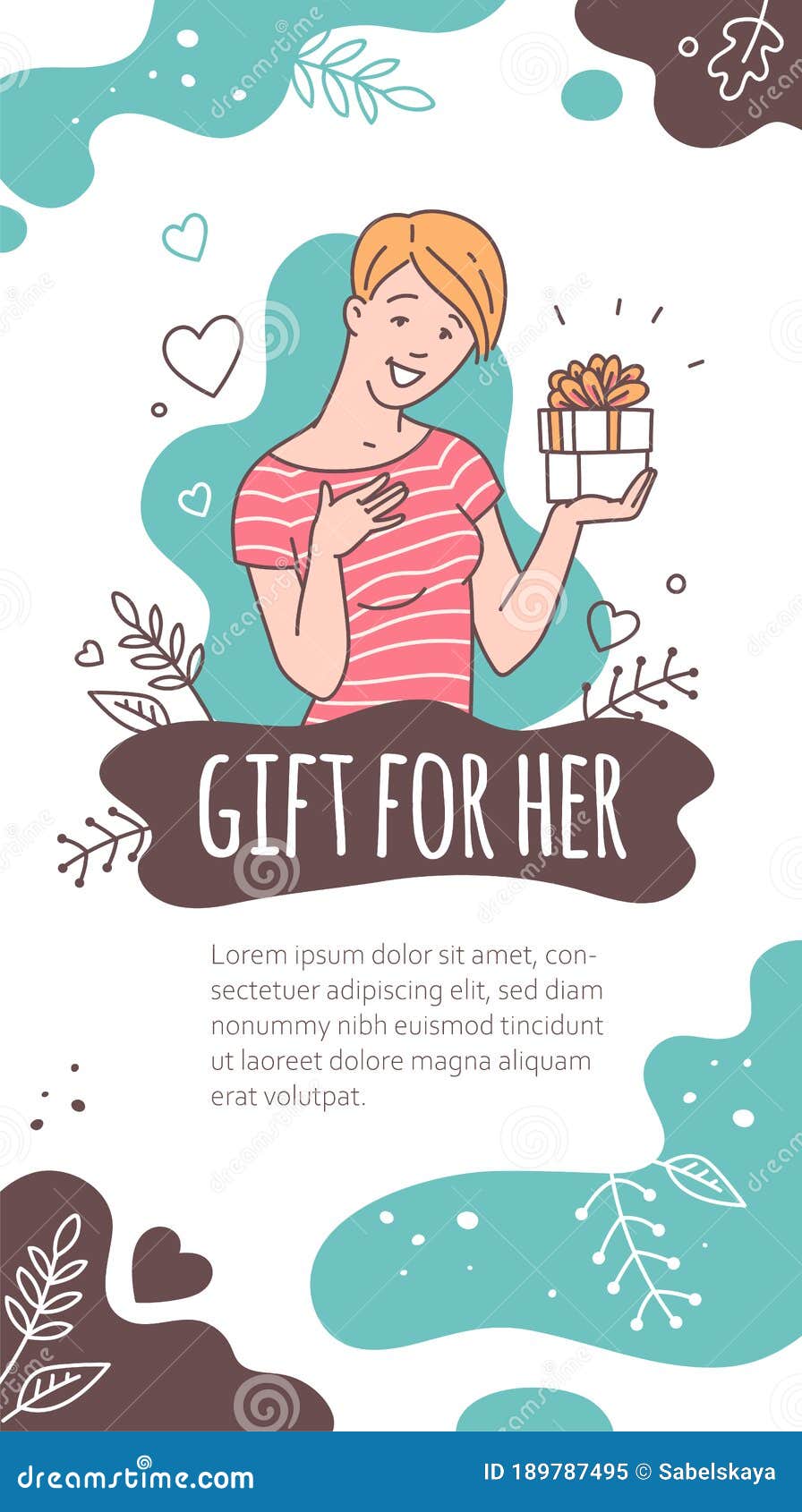 Gift for Her Banner or Flyer, Gift Coupon, Sketch Cartoon Vector