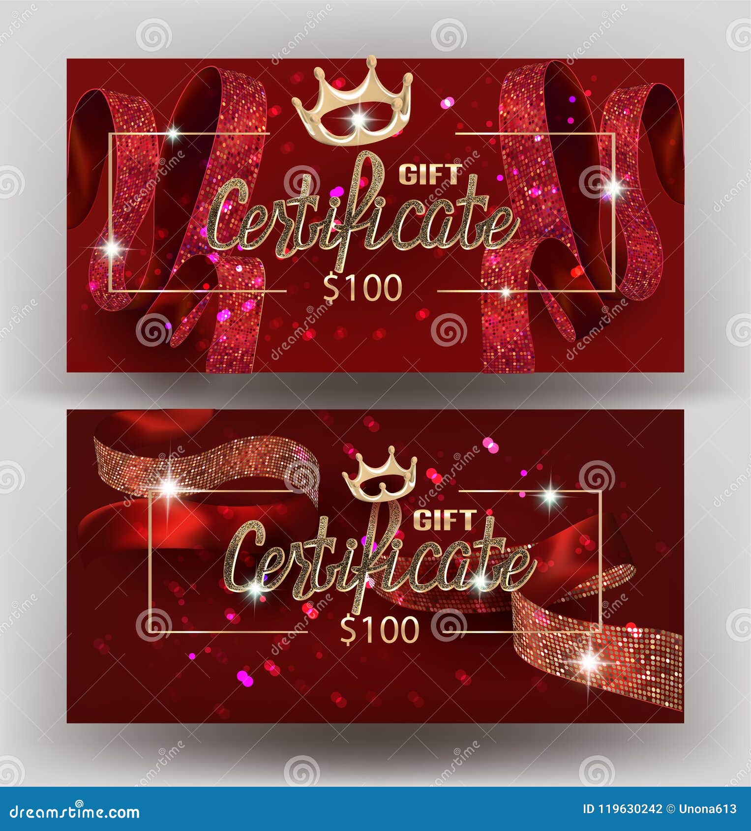 Gift Red Certificate with Beautiful Curly Ribbon Amd Golden Design Gift Red Certificate with Beautiful Curly Ribbon Amd Golden Design