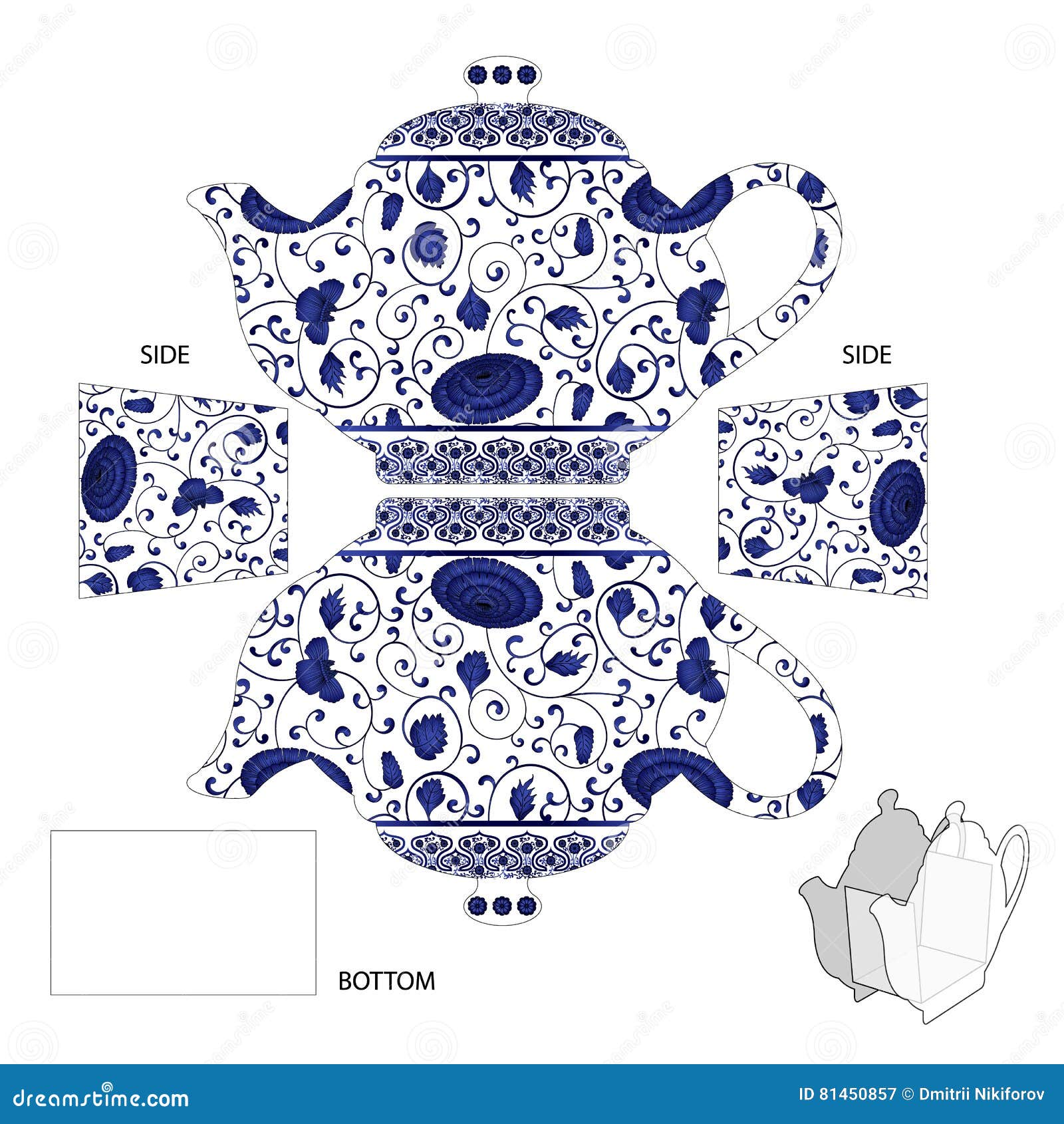 Gift Teapot Box with Pottery Chinese Ornament for Tea Bags or Candy. Vector Illustration for Cut