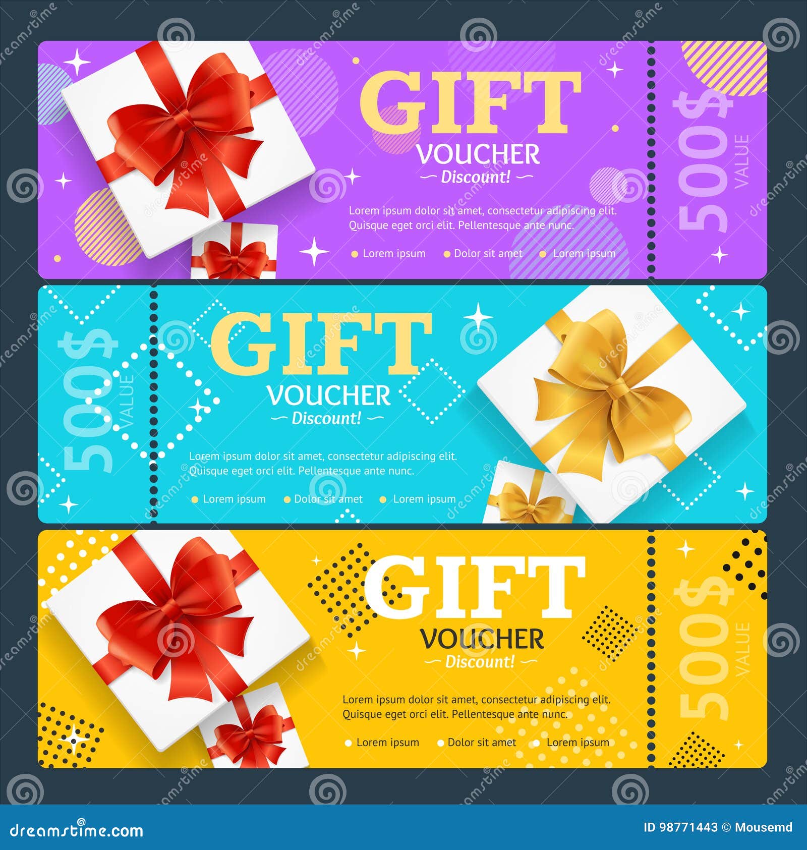 Gift Voucher Card Set Template Value Coupon. Vector Stock