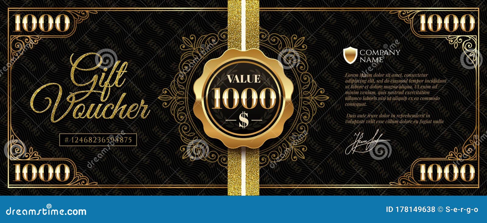 Gift Voucher Template with Glitter Gold Luxury Elements. Gift Voucher Value 1000 Dollars with