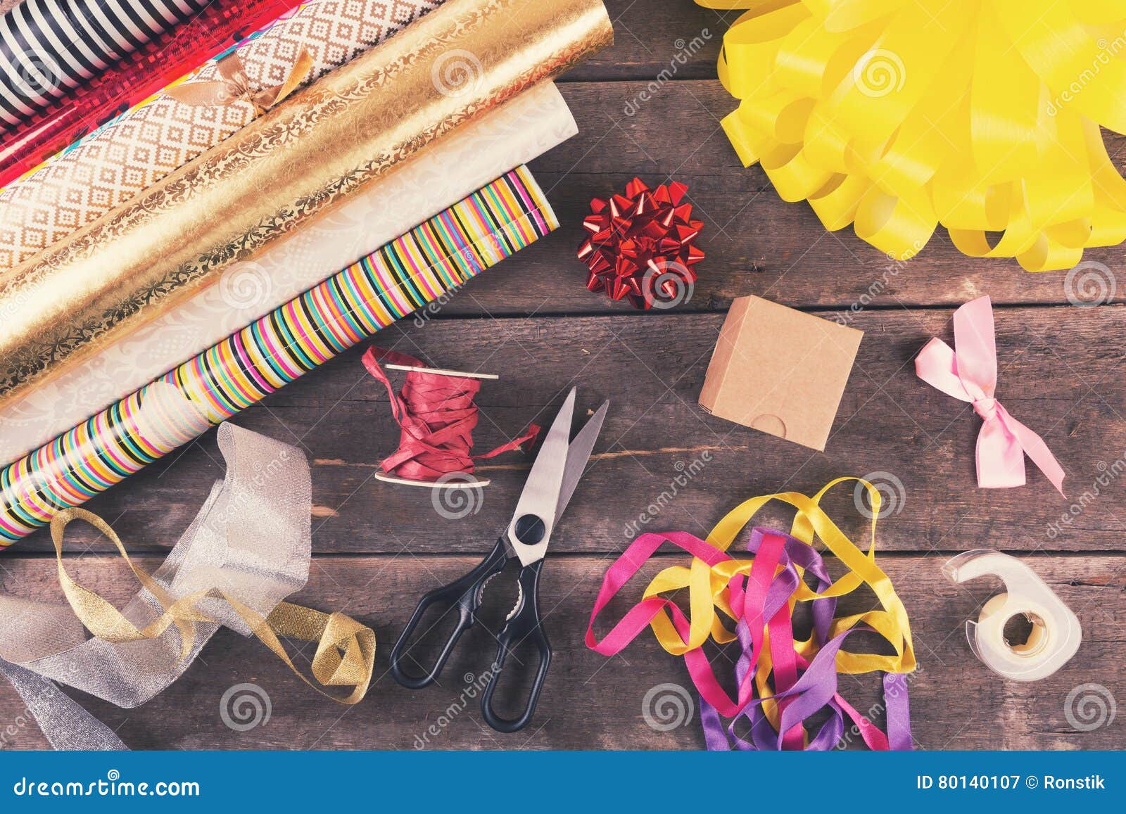 Gift Wrapping Rolls and Accessories on the Table Stock Image Image of accessories, colorful