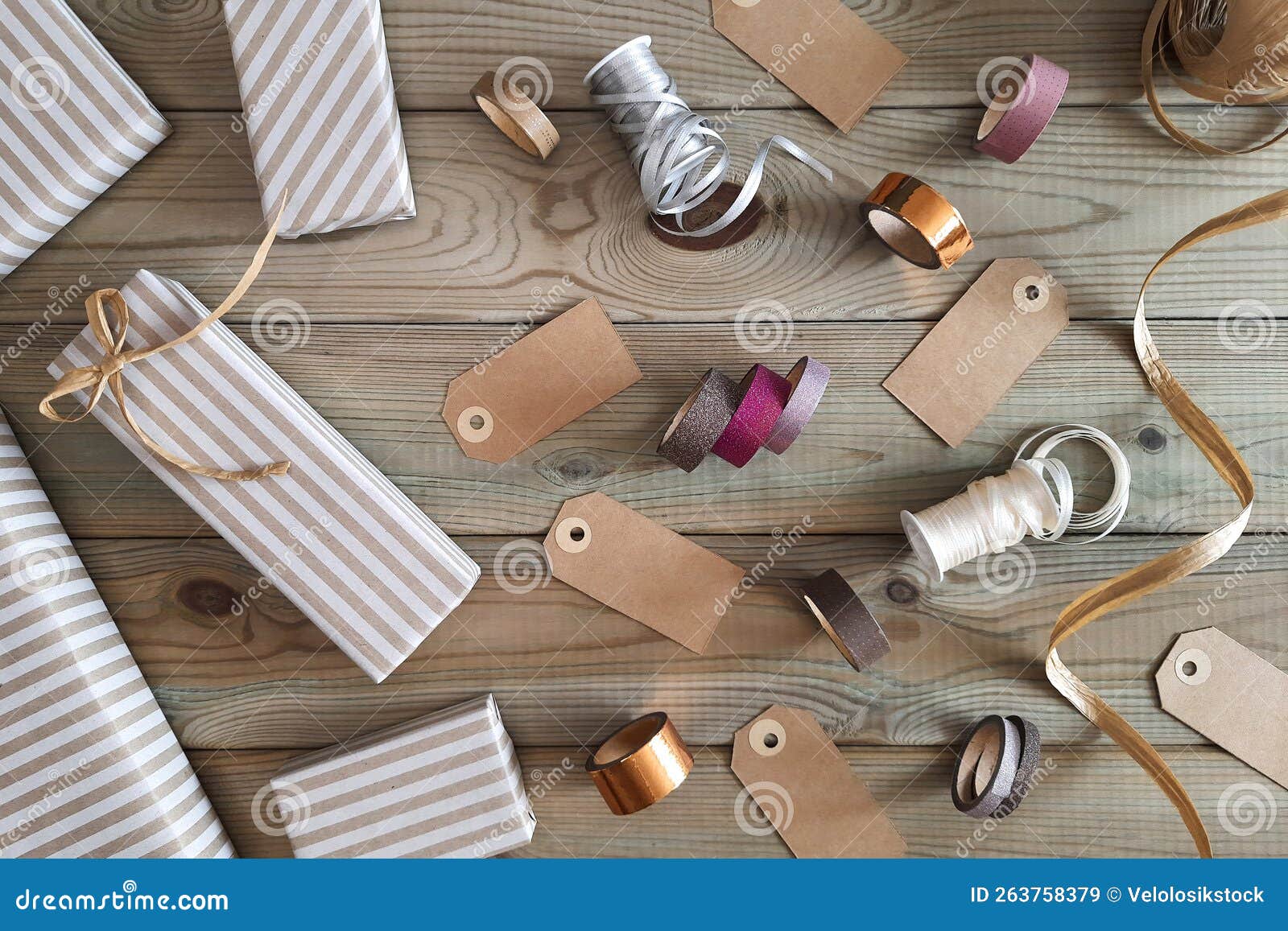 Gift Wrapping Set. Top View. Holiday Preparation Concept. Idea for