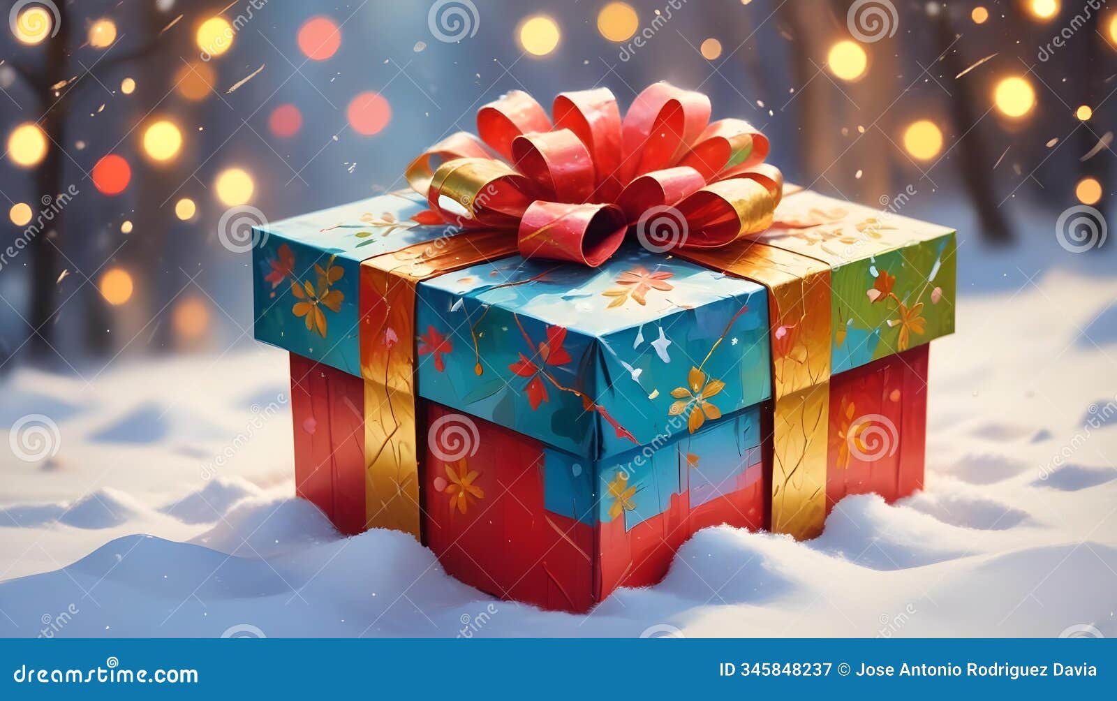 gifts in snow gift boxes wrapped in vibrantly colored paper