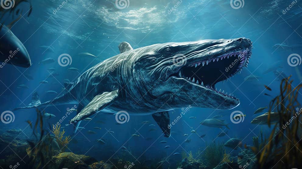 A Gigantic Great White Shark Blue Whale in Crystal Clear Water with