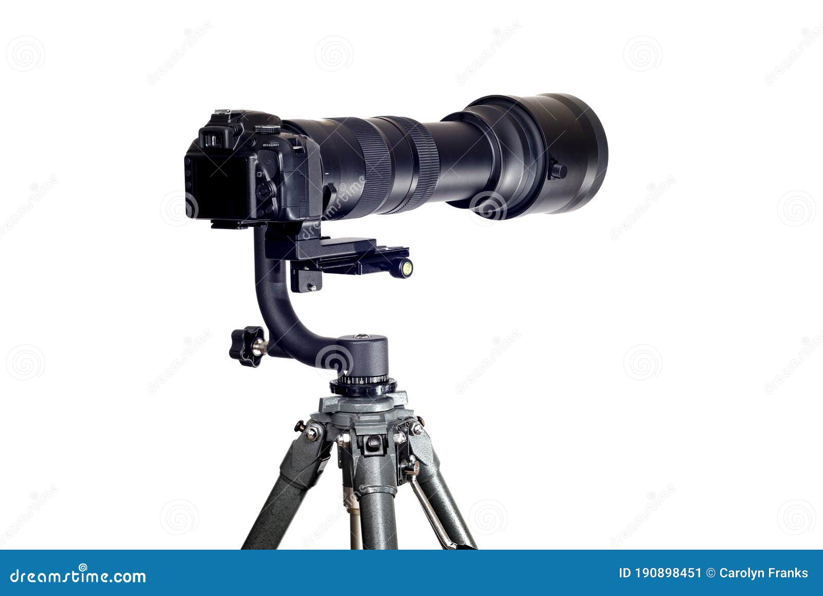 gimbal tripod head holding camera with long telephoto zoom lens