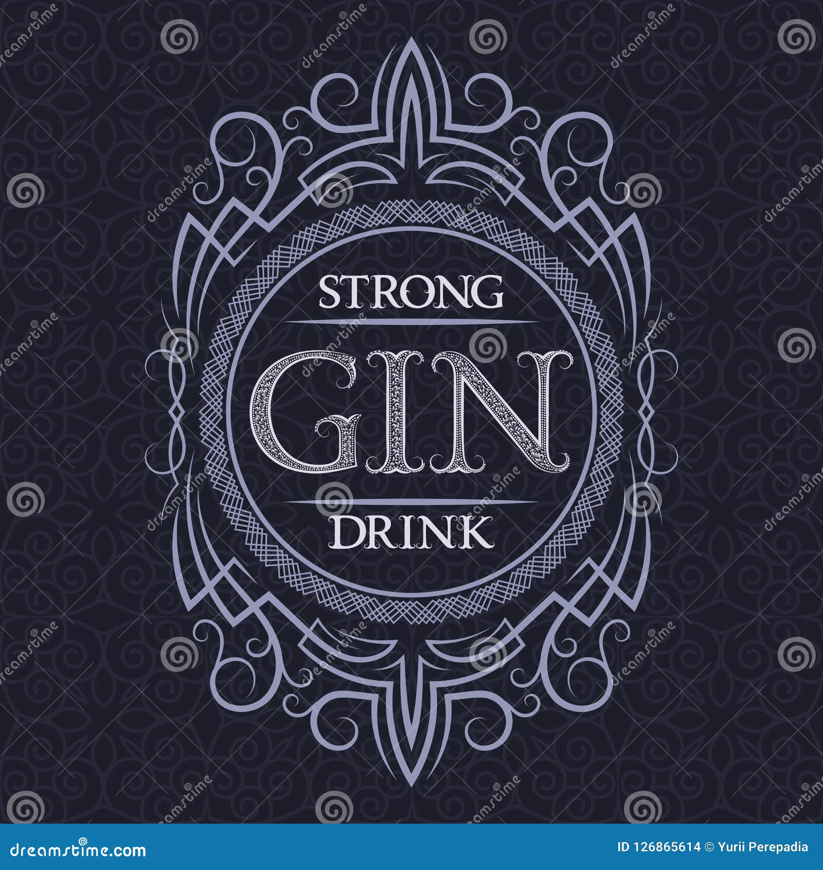 Gin Strong Drink Label Design Template. Patterned Vintage Frame with